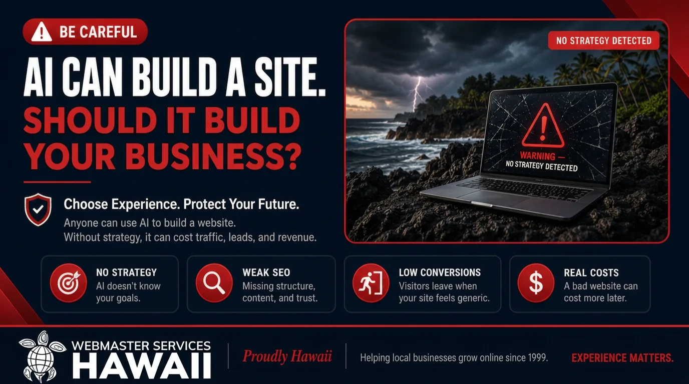 Frustrated Hawaii business owner looking at a broken website on a laptop